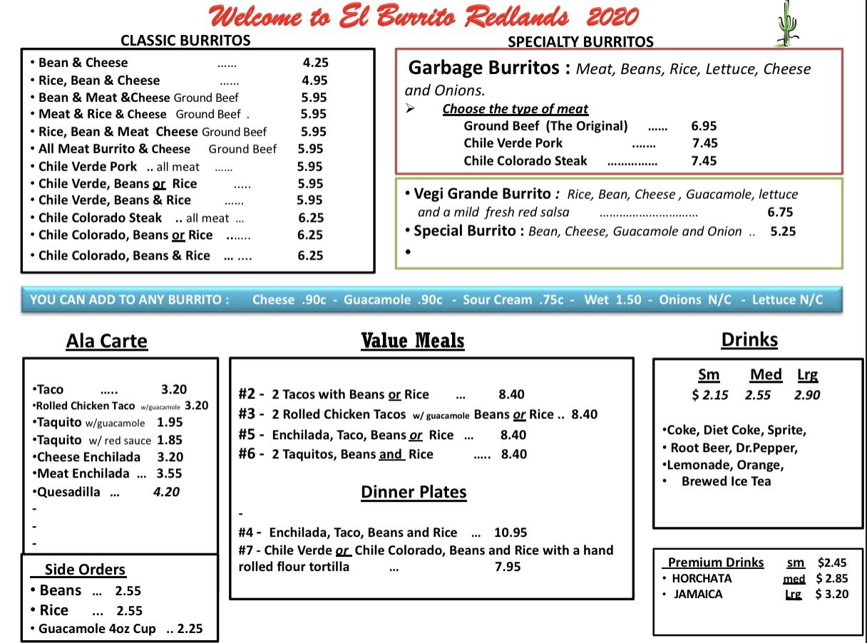 See the Menu El Burrito Redlands