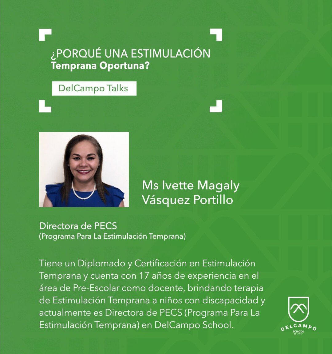 Conoce el perfil de nuestra Directora del Programa para la Estimulaci&oacute;n Temprana (PECS) en PreEscolar, encargada de DelCampo Talks ma&ntilde;ana, jueves 18 de marzo a las 10:00am.
Haz tu inscripci&oacute;n en el link en Bio.