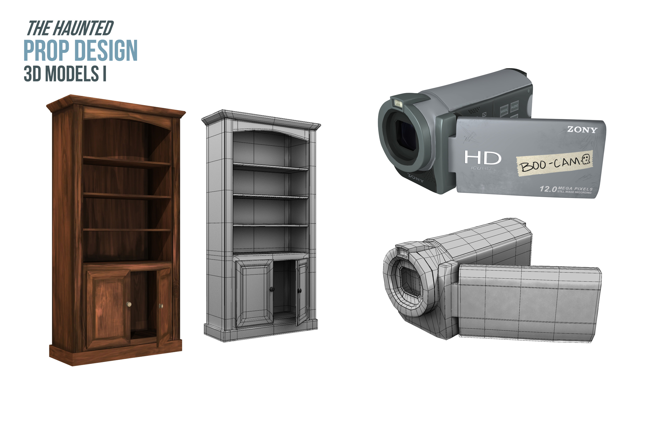 Along with color map, created bump, spec, and diffuse maps for models. Wood texture a mixture of realistic and handpainted sources. Textures 2k. Bookshelf is 2122 tris, Camcorder is 3834 tris.