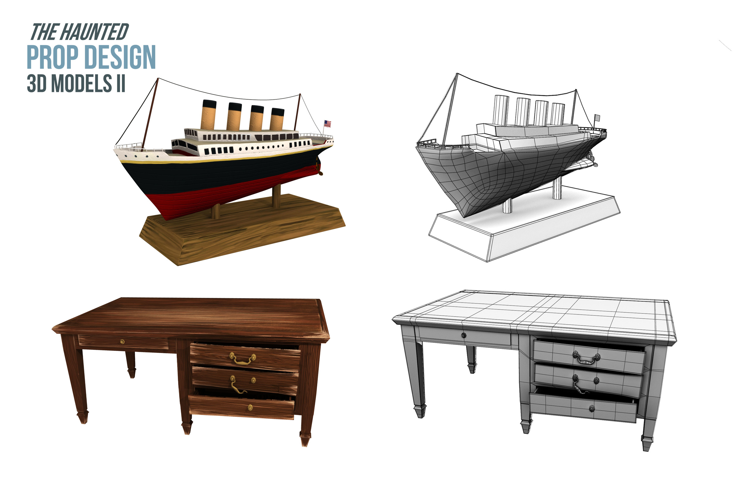 Along with color map, created bump, spec, and diffuse maps for models. Wood texture a mixture of realistic and handpainted sources. Ship is 6851 tris. Desk is 11497 tris.