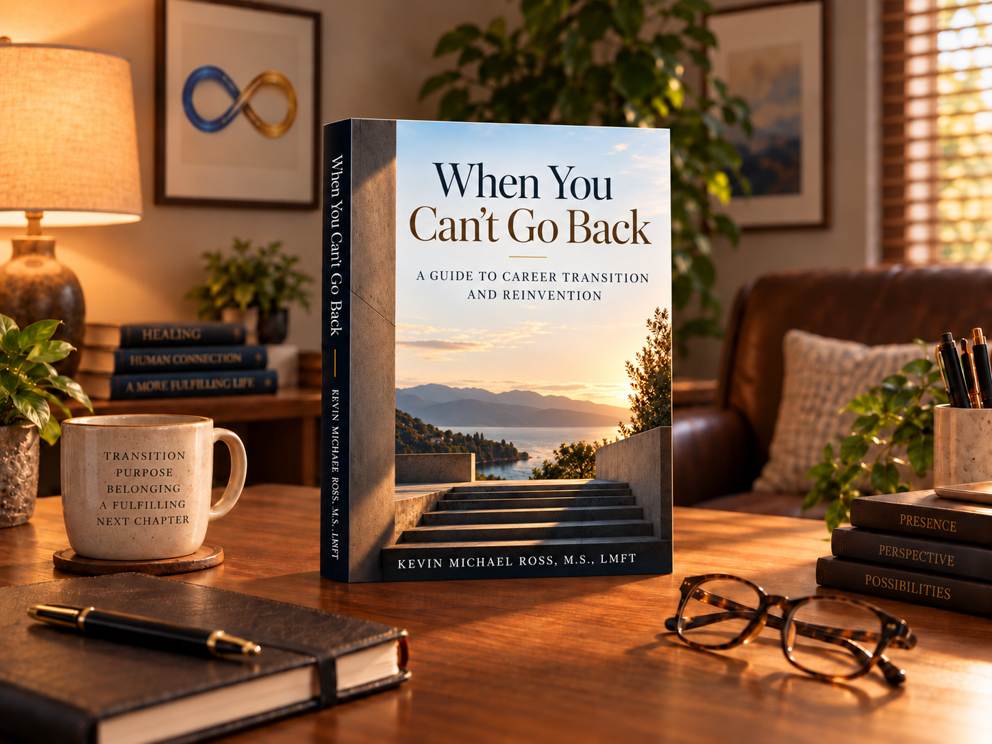 Book cover for When You Can't Go Back: A Guide to Career Transition and Reinvention by Kevin Michael Ross, M.S., LMFT, displayed on an office desk.