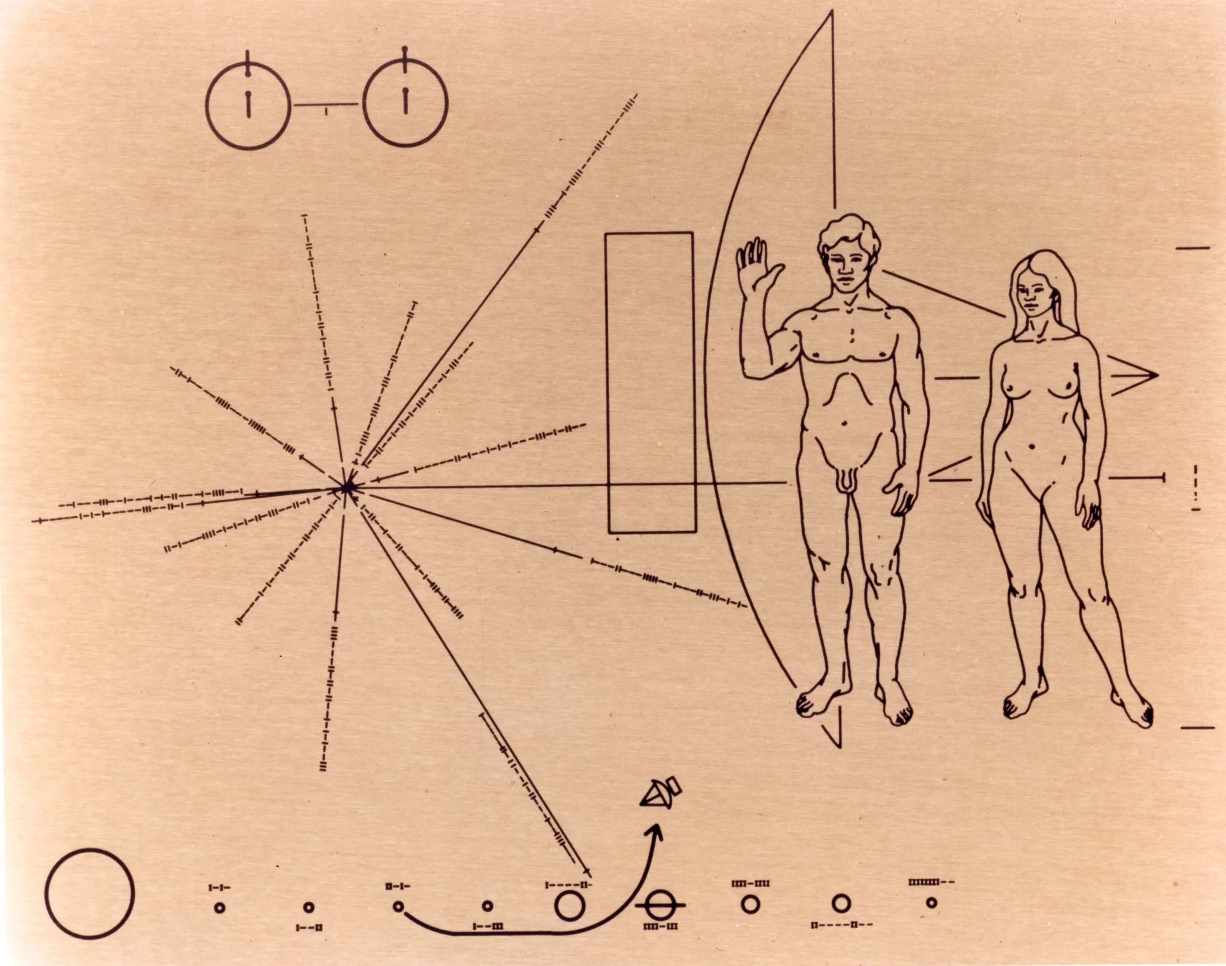 Here's the Pioneer Plaque, illustrated by Carl Sagan's then-wife. Photo Credit: The Curious Astronomer.