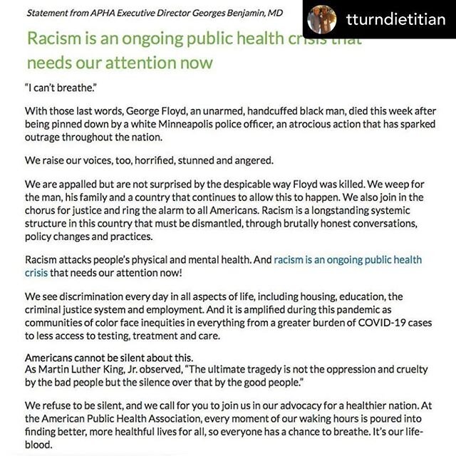 RACISM IS AN ONGOING PUBLIC HEALTH CRISIS
Posted @withregram &bull; @tturndietitian The Executive Director of the American Public Health Association has made a statement. Good looking out, @americanpublichealth. #Leadership #Justice #NutritionIsLife 