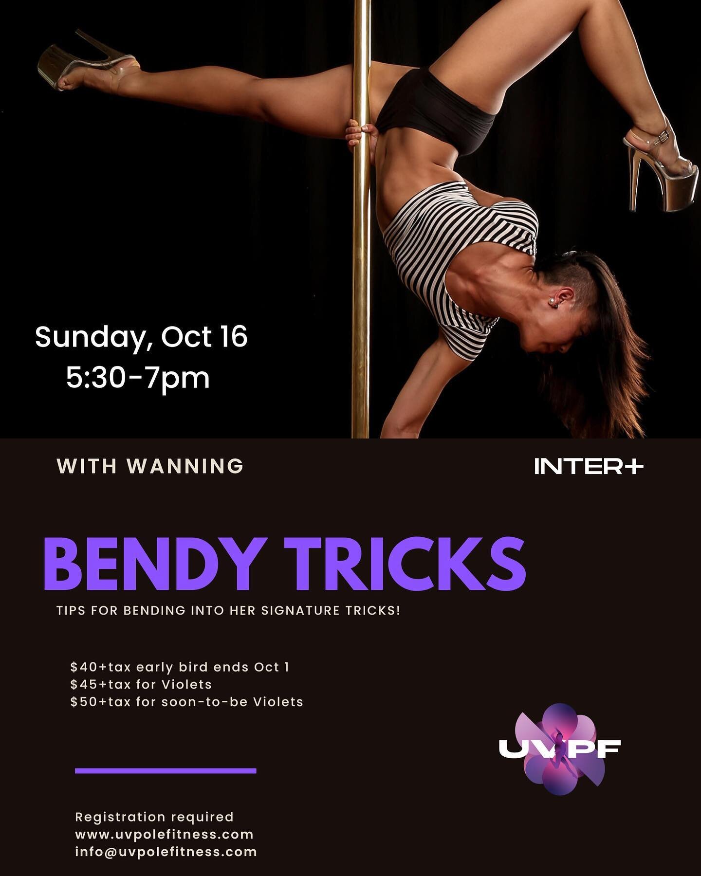 Sign up for Bendy Tricks with @thepolebender ! Early bird price of $40 plus tax available until October 1st. 

#workshop #uvpolefitness #poledance #polefitness #fitness #poledancer #heels #poletrick #flexibility #toronto #torontopole #flex #bendy #po