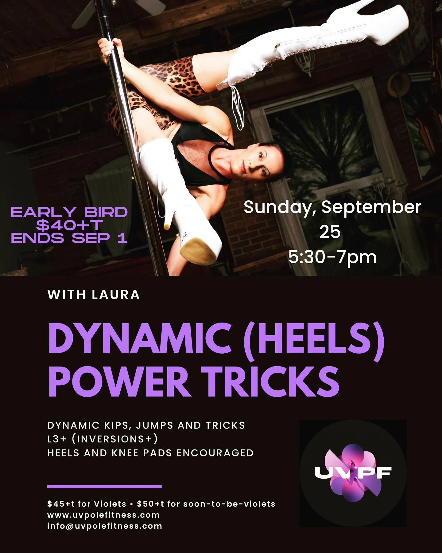 Only 2 spots left in Laura&rsquo;s Dynamic Power Tricks Workshop on Sunday September 25! Sign up asap to grab one of the last ones. 

#dynamictricks #poledance #poletricks #poledancer #dance #heels #cheboots #uvpolefitness #khaz #leopard #toronto #po