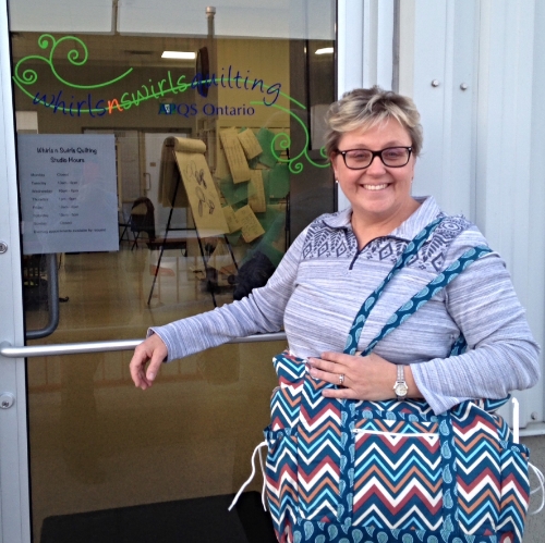 With my travelling quilting bag at Whirls N Swirls in Oshawa, Ontario.