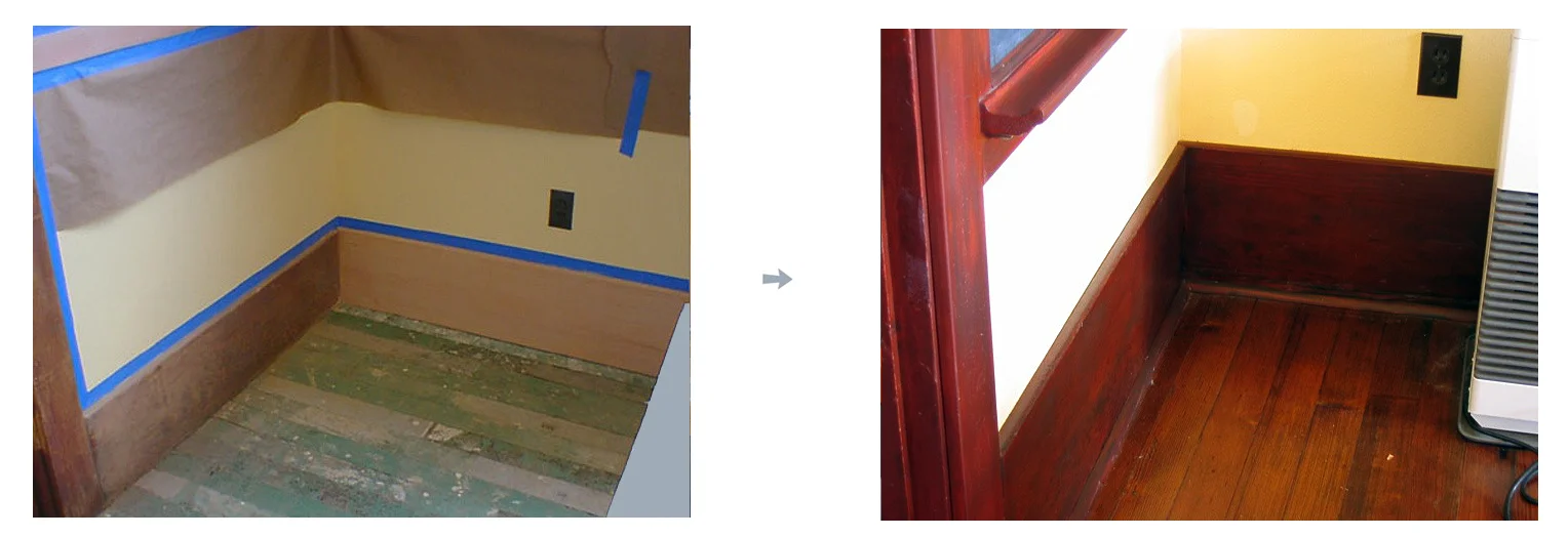 Corner floor molding before and after restoration.