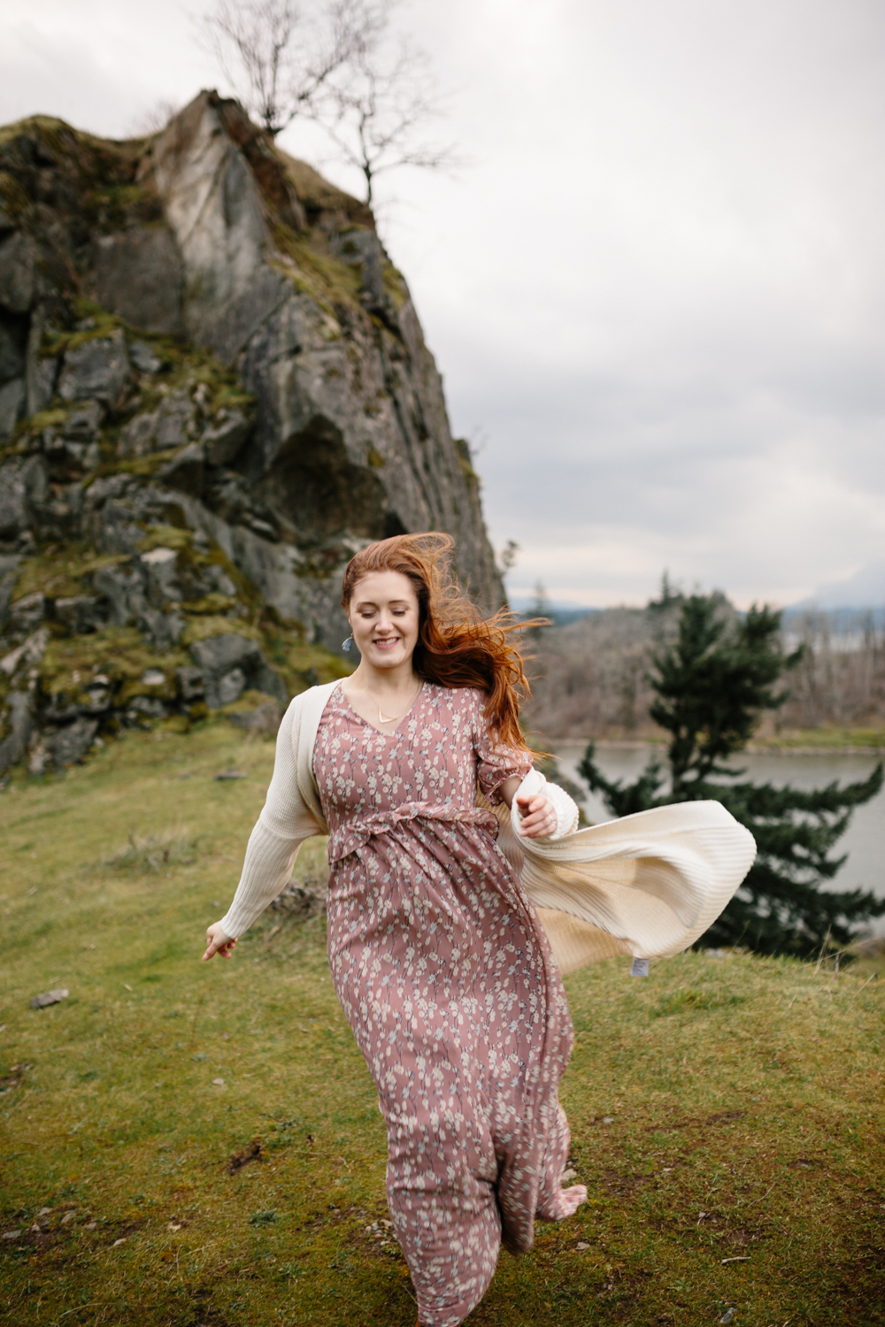 Columbia River Gorge - Portrait of a woman running in the wind