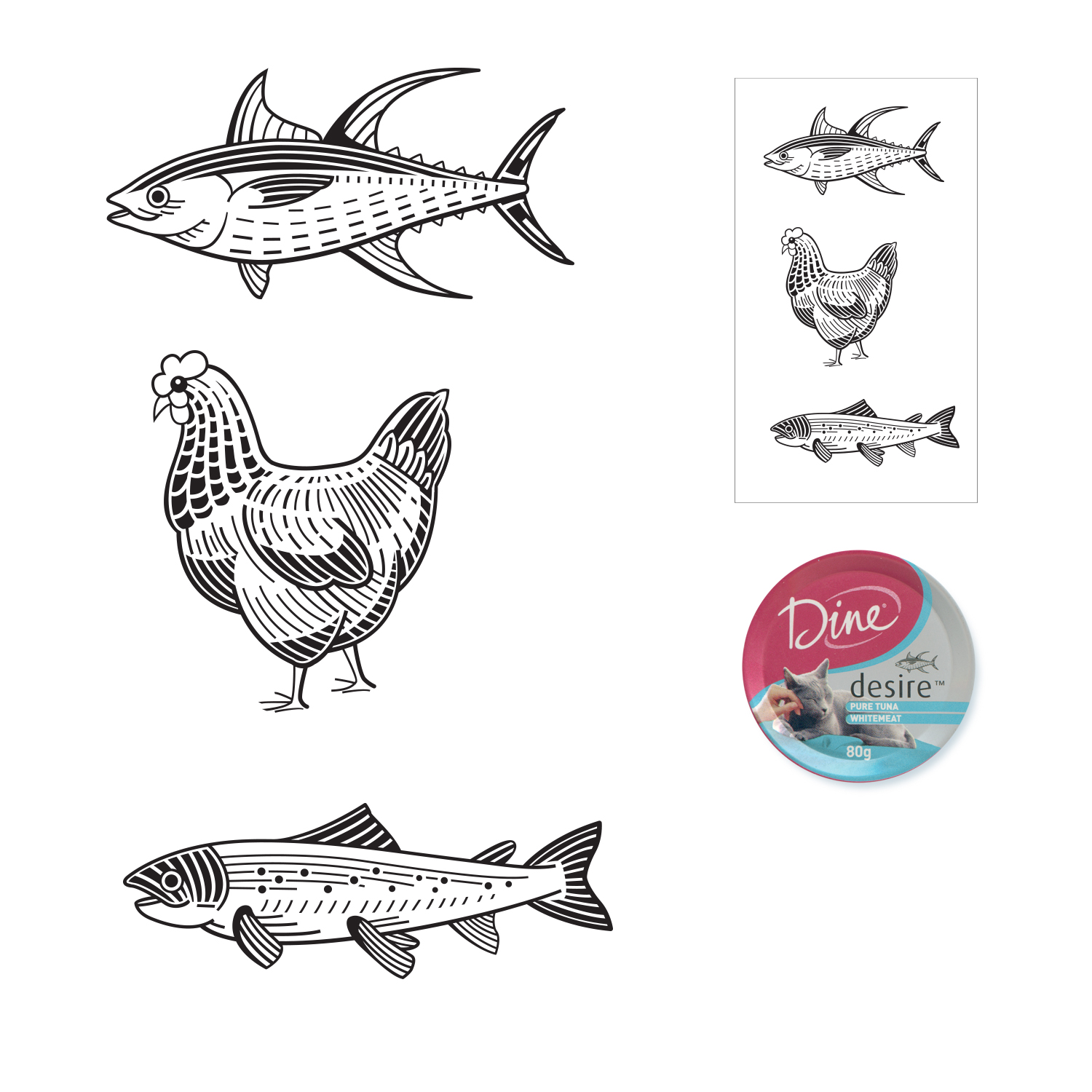  Client: COWAN Icons for Dine "Desire" cat food Digital, black and white linework 