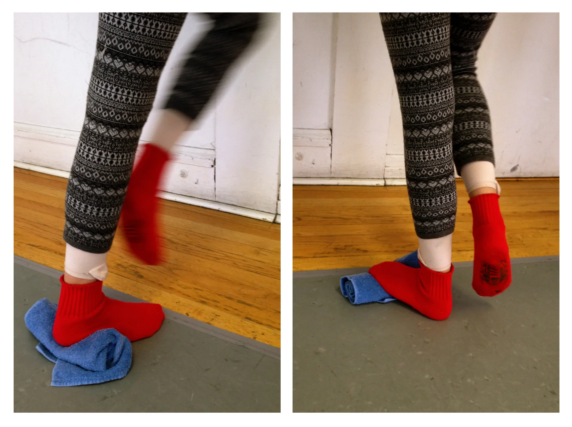 Two approaches to stretching the calf in three dimensions: Position/Movement: Face the barre or a wall, use hands for support. Place 1 foot on the floor, toes forward, toes in, or toes out (whichever is most comfortable). Move other knee 5-10 times in each direction: straight forward and backward, then straight side to side, then rotationally to the right and left. Allow your body to follow the movement of the knee. If your ankle on the standing leg isn't moving, bring that foot closer to the wall and try again. Please discontinue this exercise and consult your doctor or physical therapist if you feel pain. Pictured Left: Towel roll under the heel lessens the (dorsi)flexion in the ankle allowing more side to side and rotational movement success. Pictured Right: Towel roll under the ball of the foot causes more dorsiflexion in the ankle, which challenges the foot and ankle to be more flexible in all 3 directions.
