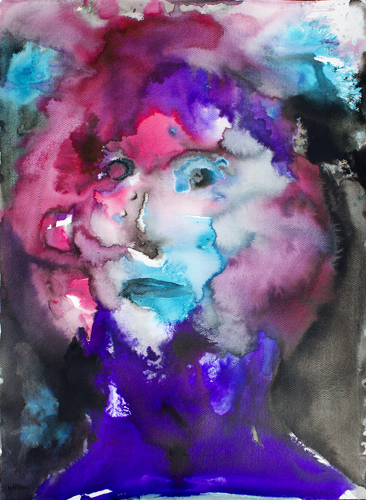 Abstract watercolor painting of a person's face with vibrant colors including pink, purple, blue, and black, blending together in a dreamy style.
