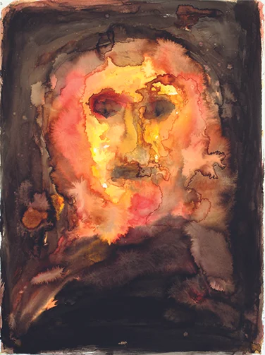 Abstract watercolor portrait of a face with warm tones, featuring yellow, orange, and red hues, against a dark background.
