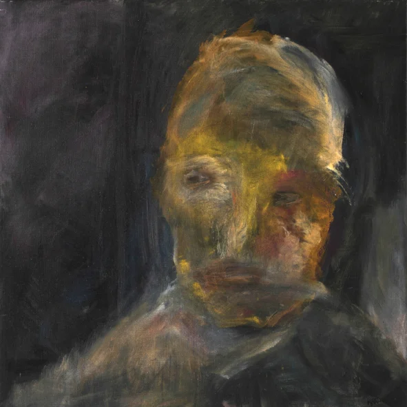 An abstract portrait of a person with a blurred face, using dark and muted colors with hints of yellow, orange, and red.