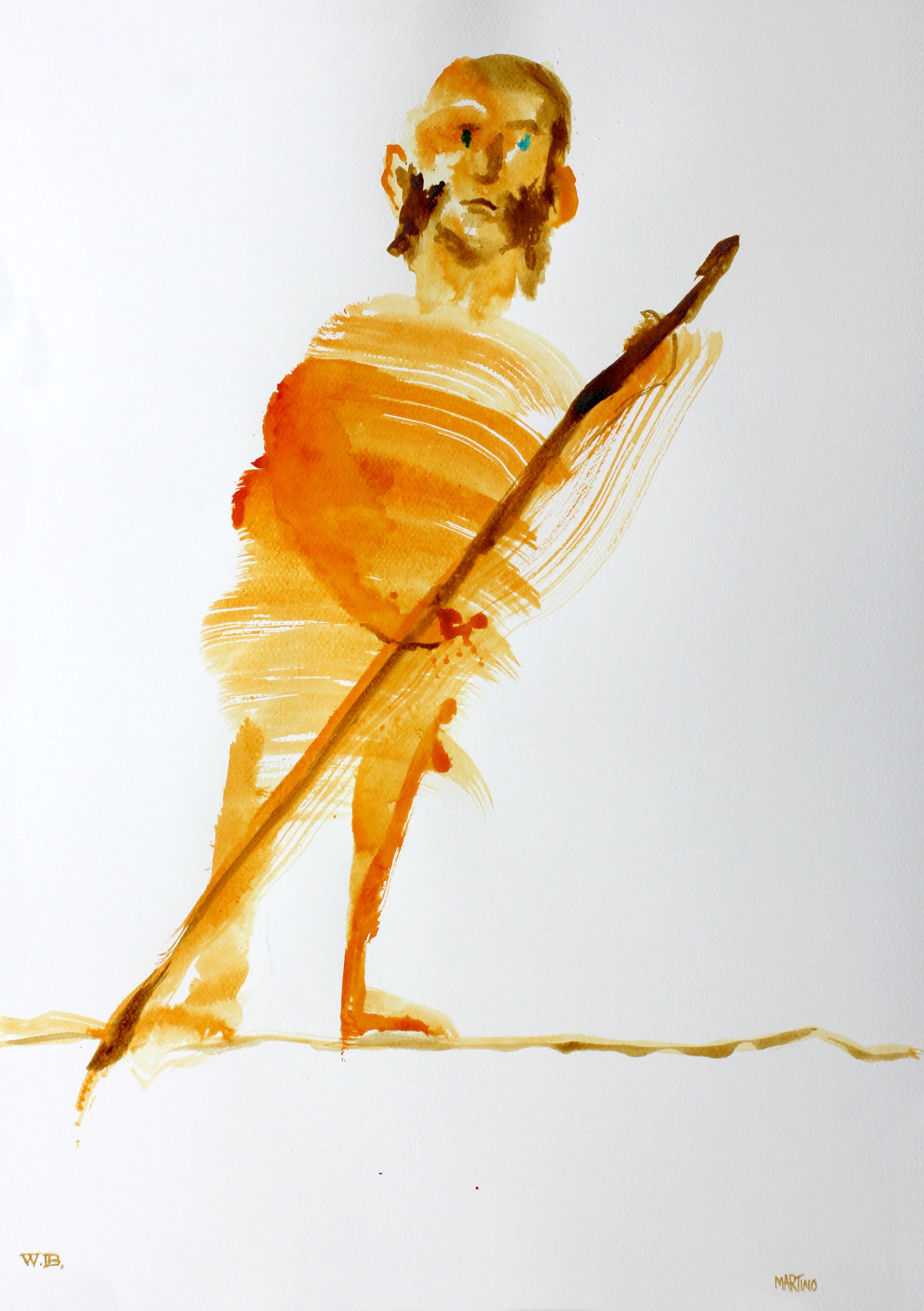 Watercolor painting of a man with a beard, holding a spear, standing on a plain, with a simple background.