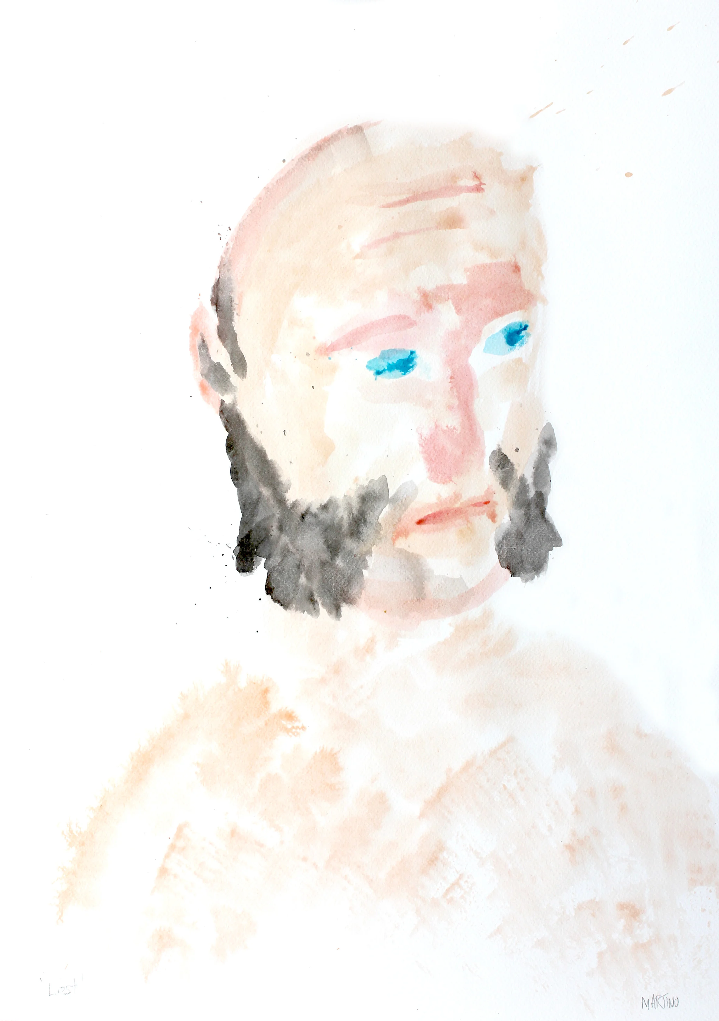 Watercolor portrait of a light-skinned man with blue eyes, a receding blond hairline, a beard, and mustache, against a white background.