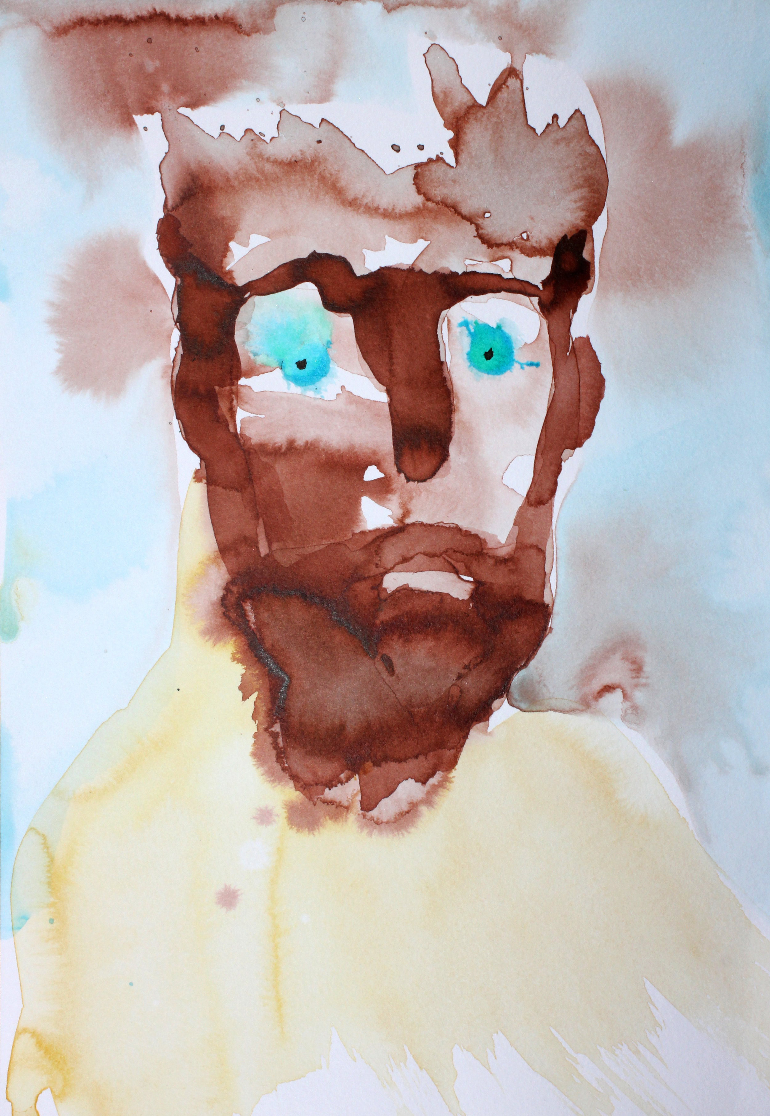 Watercolor painting of a man with a beard, blue eyes, and glasses, wearing a yellow shirt.