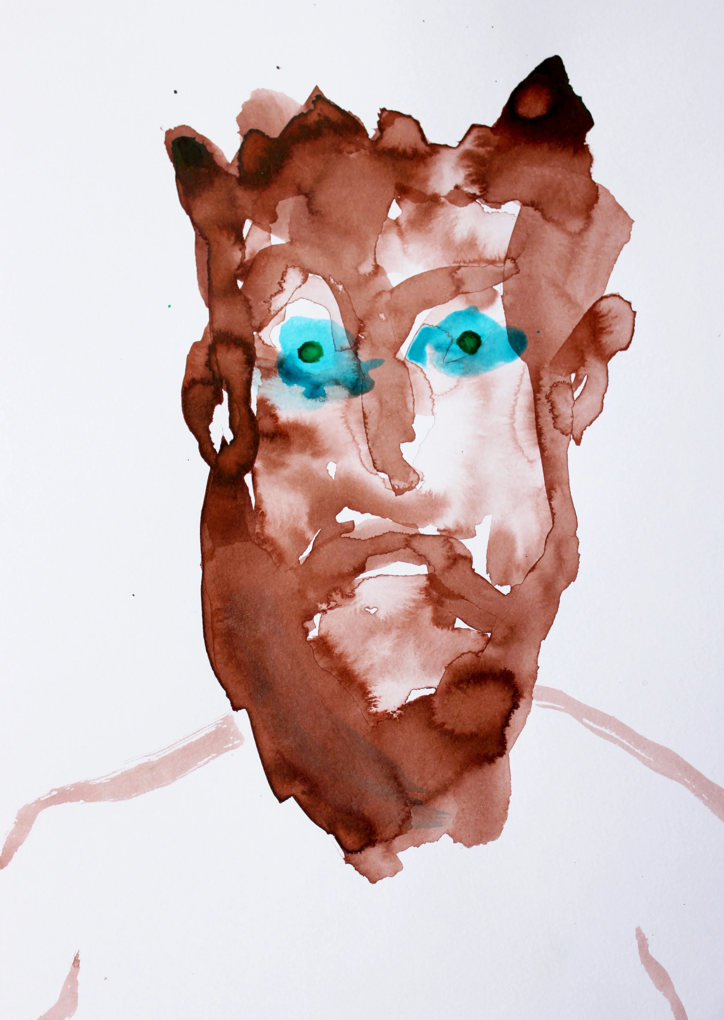 Watercolor portrait of a bearded man with blue eyes and brown hair and beard.