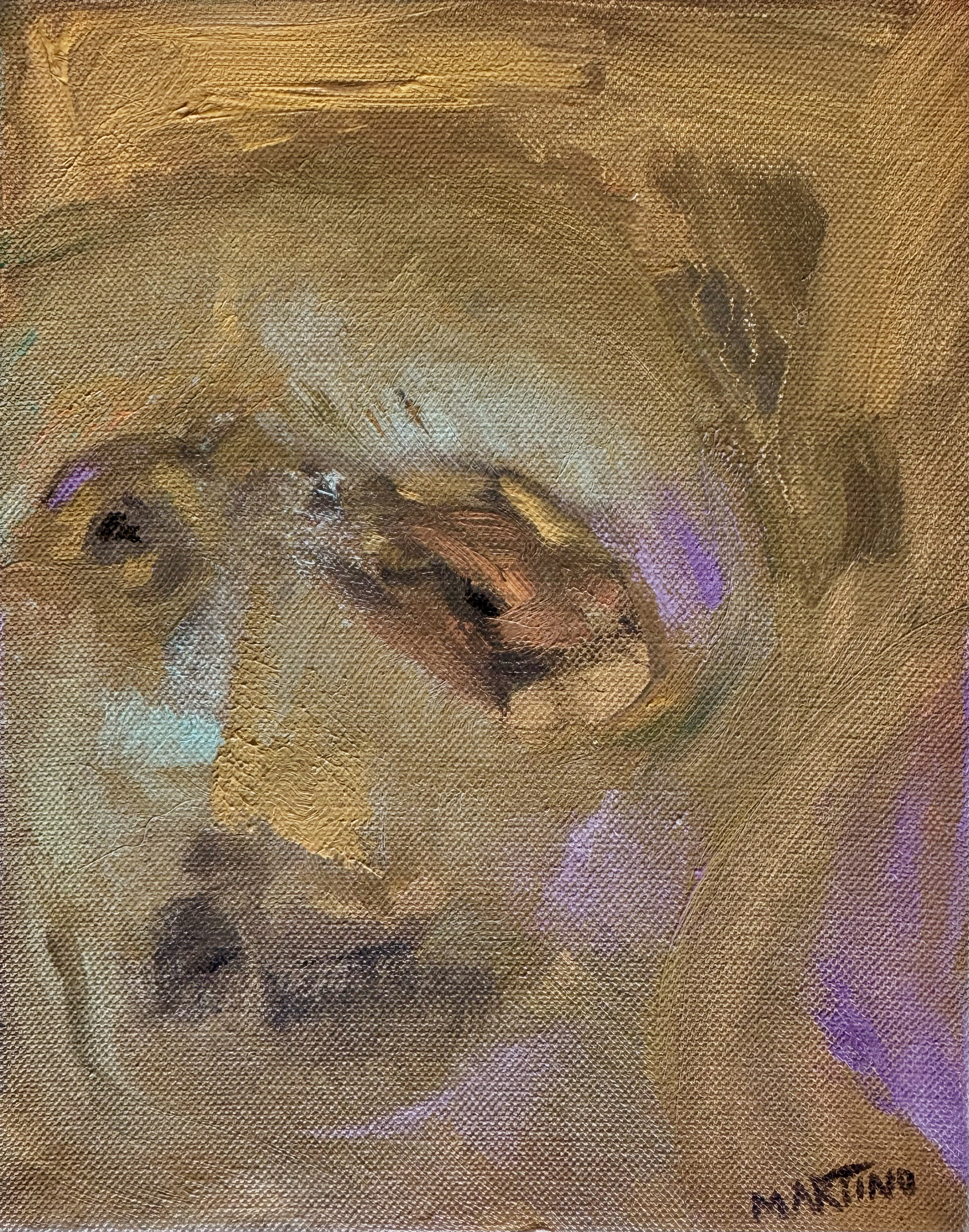 Close-up of a person with eyes closed, covered in abstract paint strokes in shades of brown, purple, and light blue, with the artist's signature in the bottom right corner.