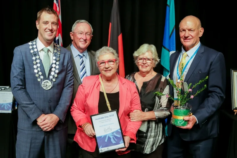 (L-R) Mayor Regan, Brad Hazzard MP for Wakehurst, Citizen of the Year Maria Elena Chidzey, Maria Legaz (nominator of Maria) and Peter Wynn, Australia Day Ambassdor