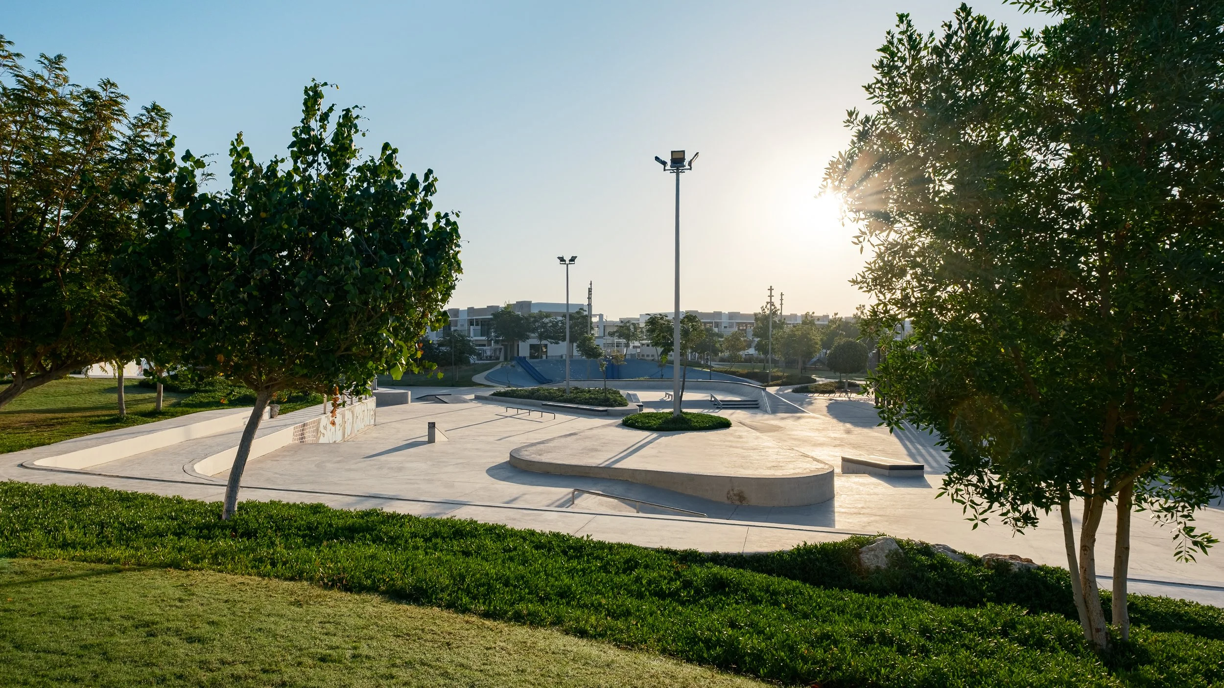 An empty skate park with concrete ramps and bowls, surrounded by trees, with modern residential buildings in the background and the sun shining in the sky.