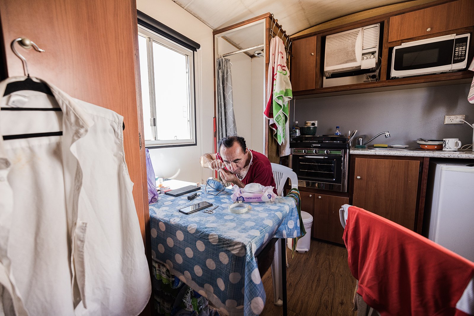  It takes about 45 minutes for each show to get ready for Gagik, in his small caravan space onsite at The Great Moscow Circus 