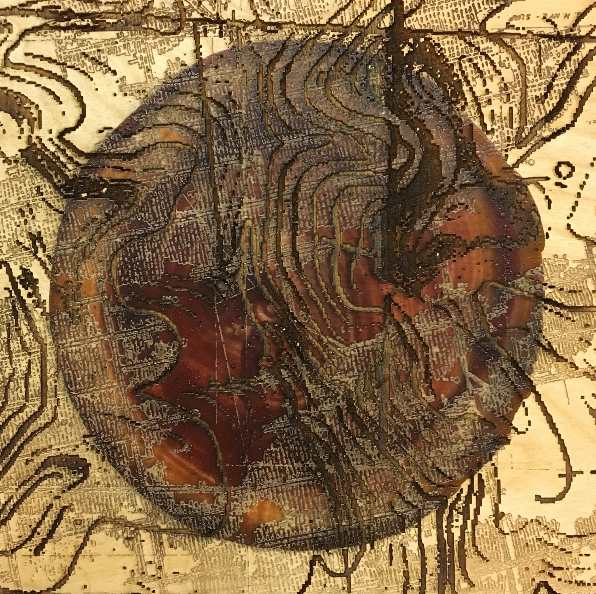 Laser etching: Scorched Earth Policy, AMD pigments and laser etched maps and patterns on wood panel, 12x12 inches - Availabl