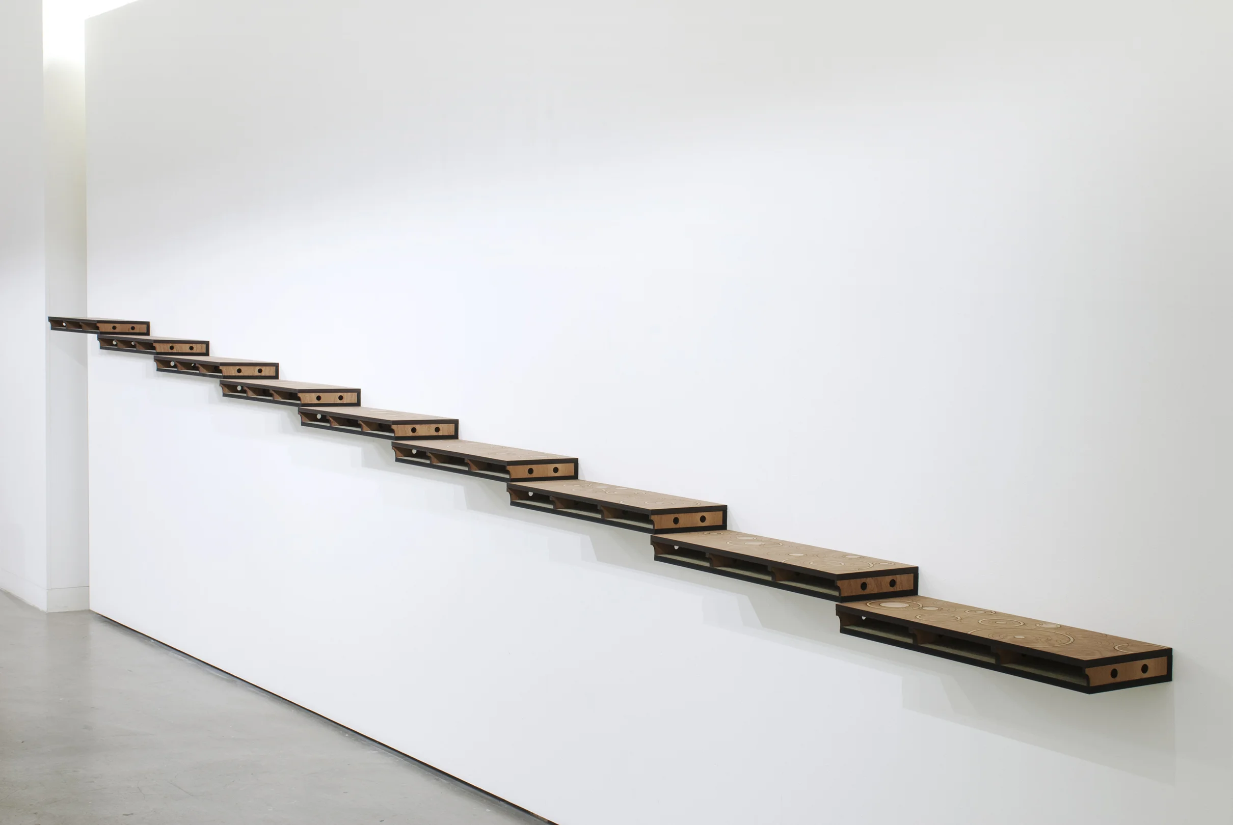Bounding Line_ Modular wood construction with surface inlay_ 480x36x20cm_Installation view at the Blyth Gallery, London_2014