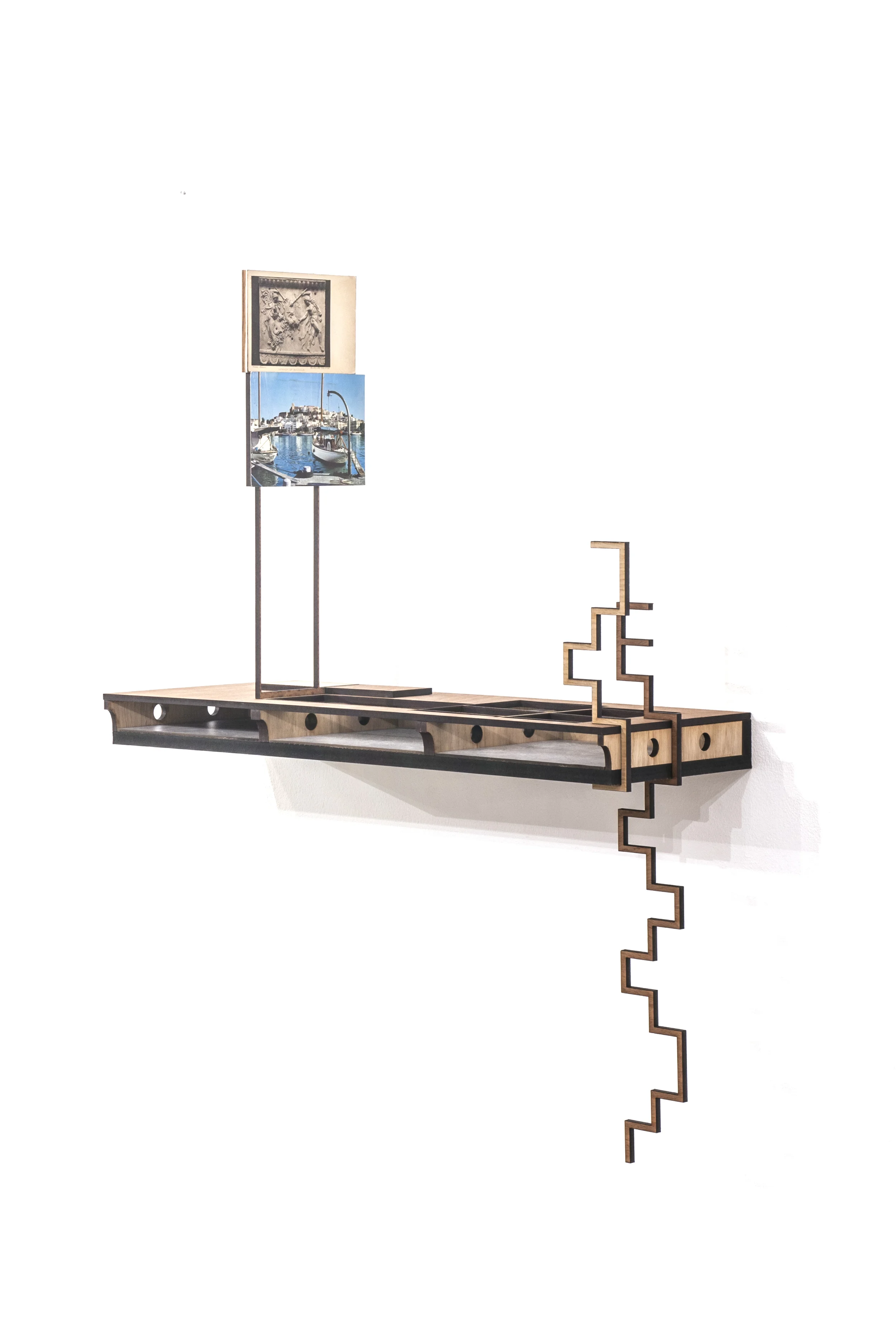 Bacchus_Wood construction and collage_60x60x20cm_Installation view at the Blyth Gallery, London_2014