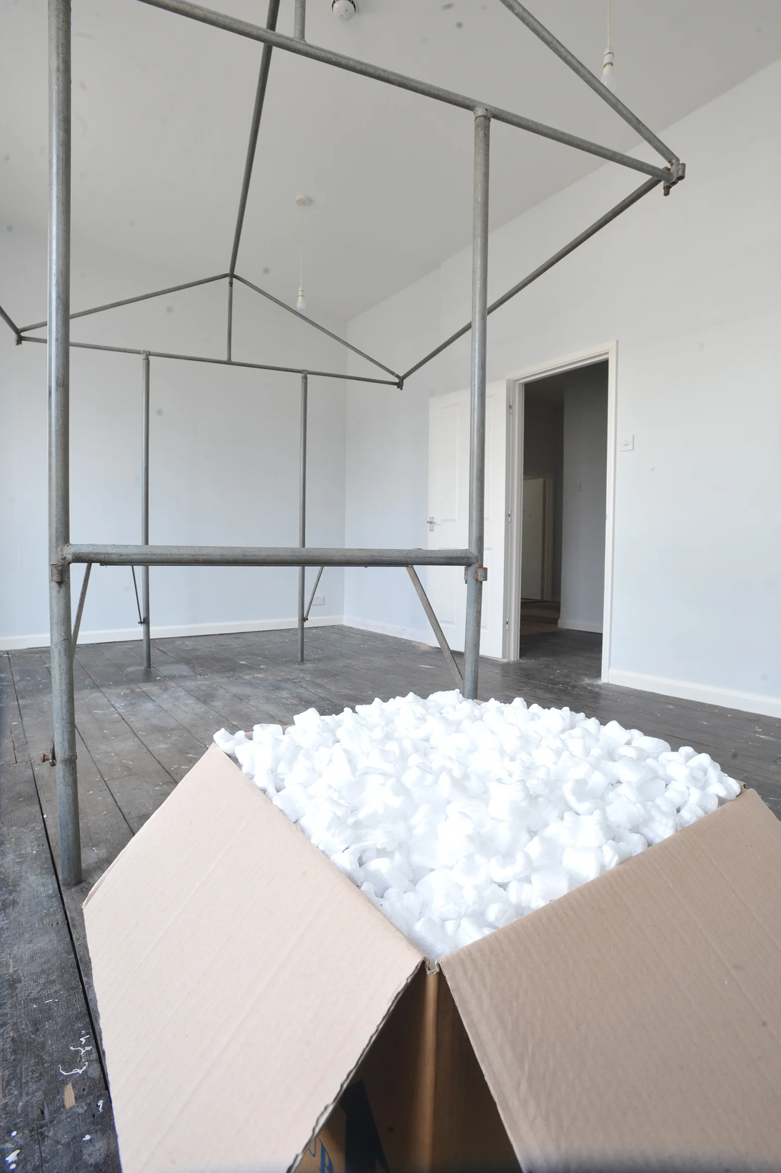  Market Stall - Modular structure for social interaction #1_Galvanised steel_260x250x255cm_Installation view at  Unboxed  group exhibition at The Art Station, Saxmundham_May/June 2019  Foreground work by Abigail Lane  Photograph courtesy of Clare Pal