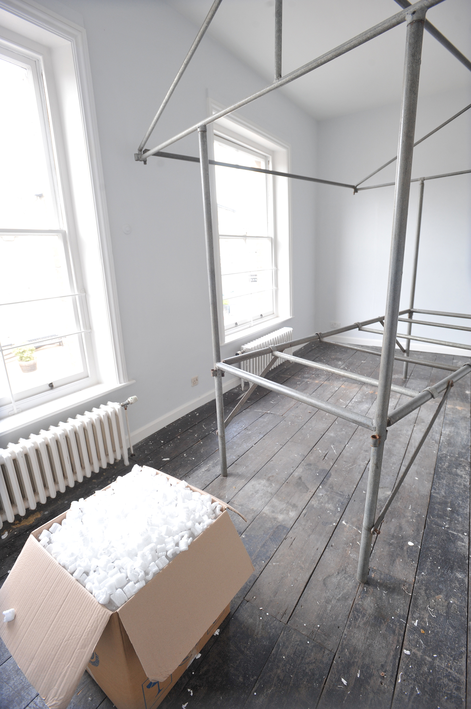  Market Stall - Modular structure for social interaction #1_Galvanised steel_260x250x255cm_Installation view at  Unboxed  group exhibition at The Art Station, Saxmundham_May/June 2019  Foreground work by Abigail Lane  Photograph courtesy of Clare Pal