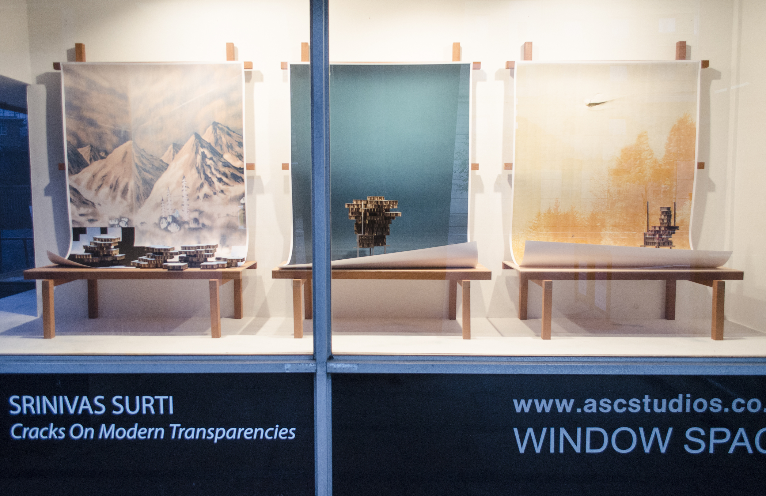  Cracks On Modern Transparencies_Installation of large format inkjet prints with cardboard and wood models at ASC Window Space Project_Dimensions variable_2015 