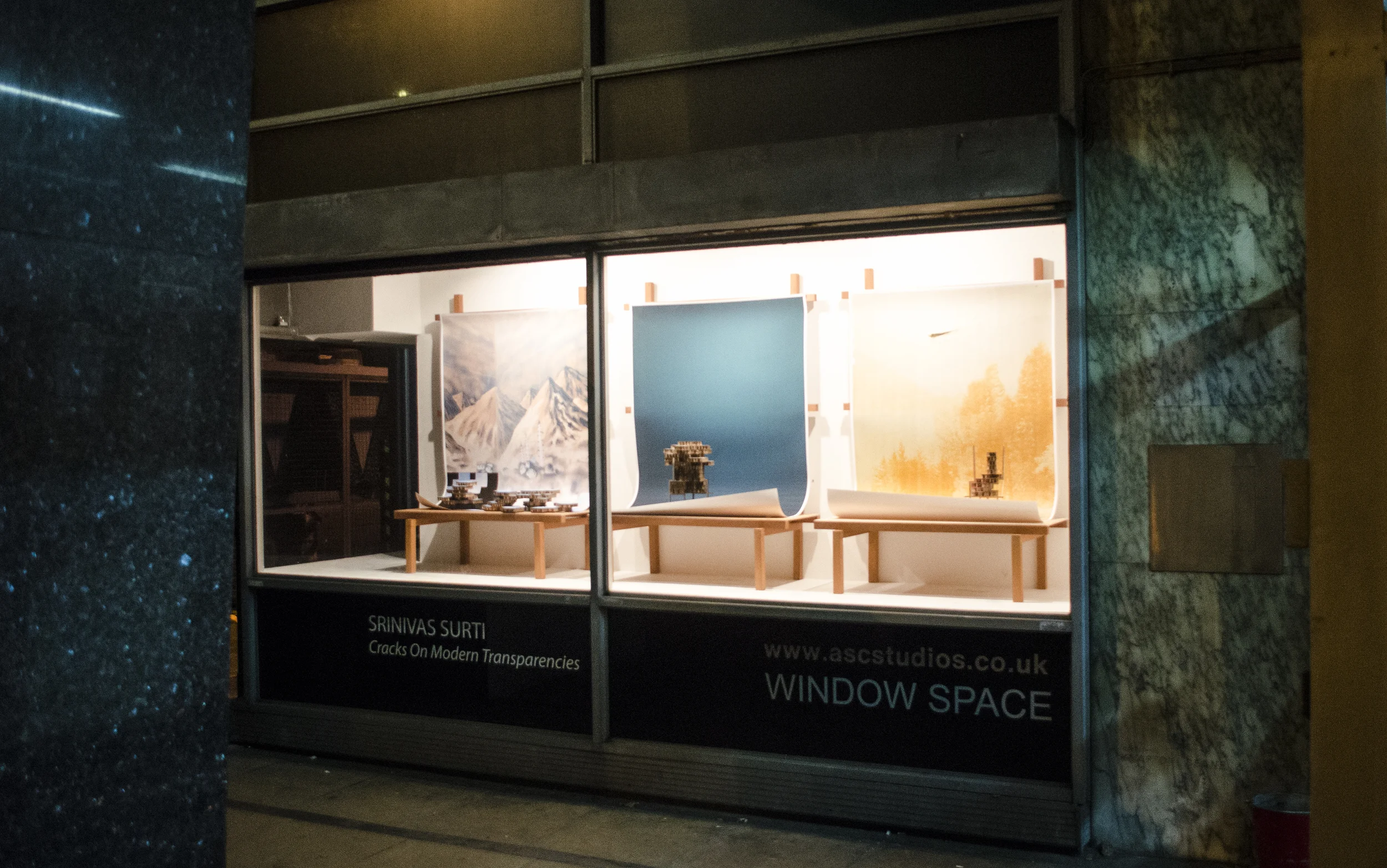 Cracks On Modern Transparencies_Installation of large format inkjet prints with cardboard and wood models at ASC Window Space Project_Dimensions variable_2015
