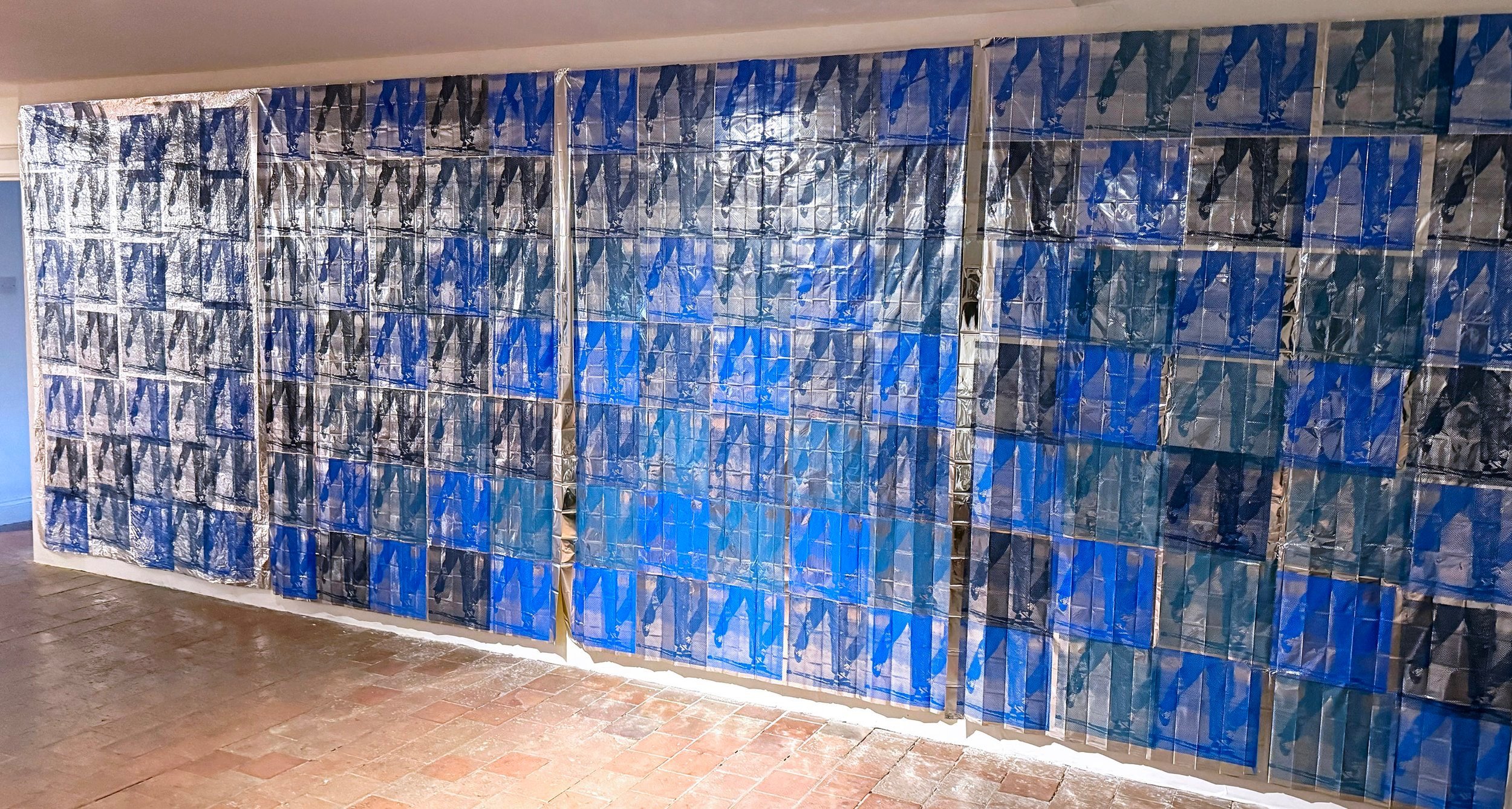 Keep steppin with lightness and shimmer, screen print on emergency blankets, 210x480cm, 2024