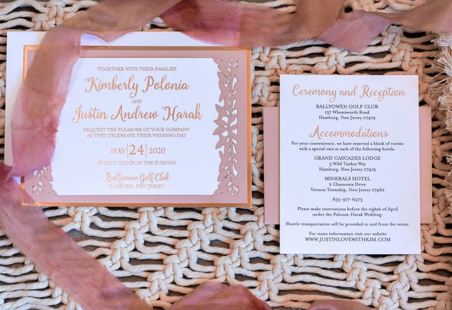 Rose gold foil + a gorgeous lasercut frame came together perfectly for Kim &amp; Justin's stunning wedding invitation 🧡