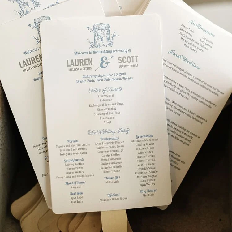 It's a hot one today! 🌞 With outdoor weddings becoming the norm, consider programs that double as fans for your guests. No matter how big or small your celebration, these are always a hit and can be designed to coordinate with your stationery!