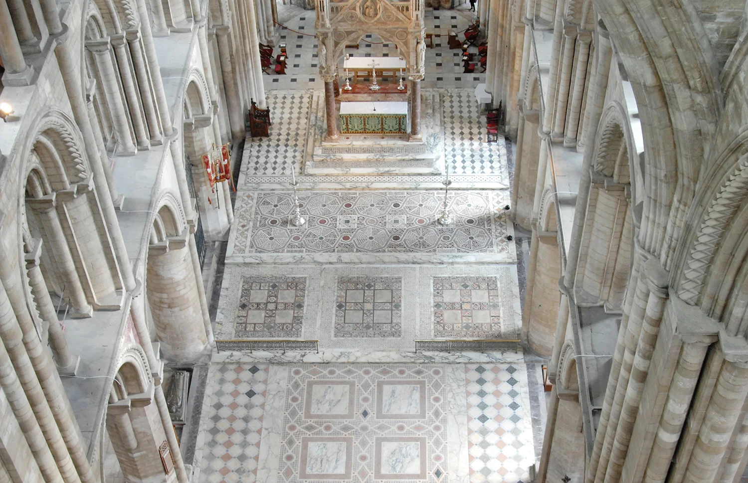 Mosaic floor of Peterborough Cathedral seen from above. © Rachael Marshall 2012.