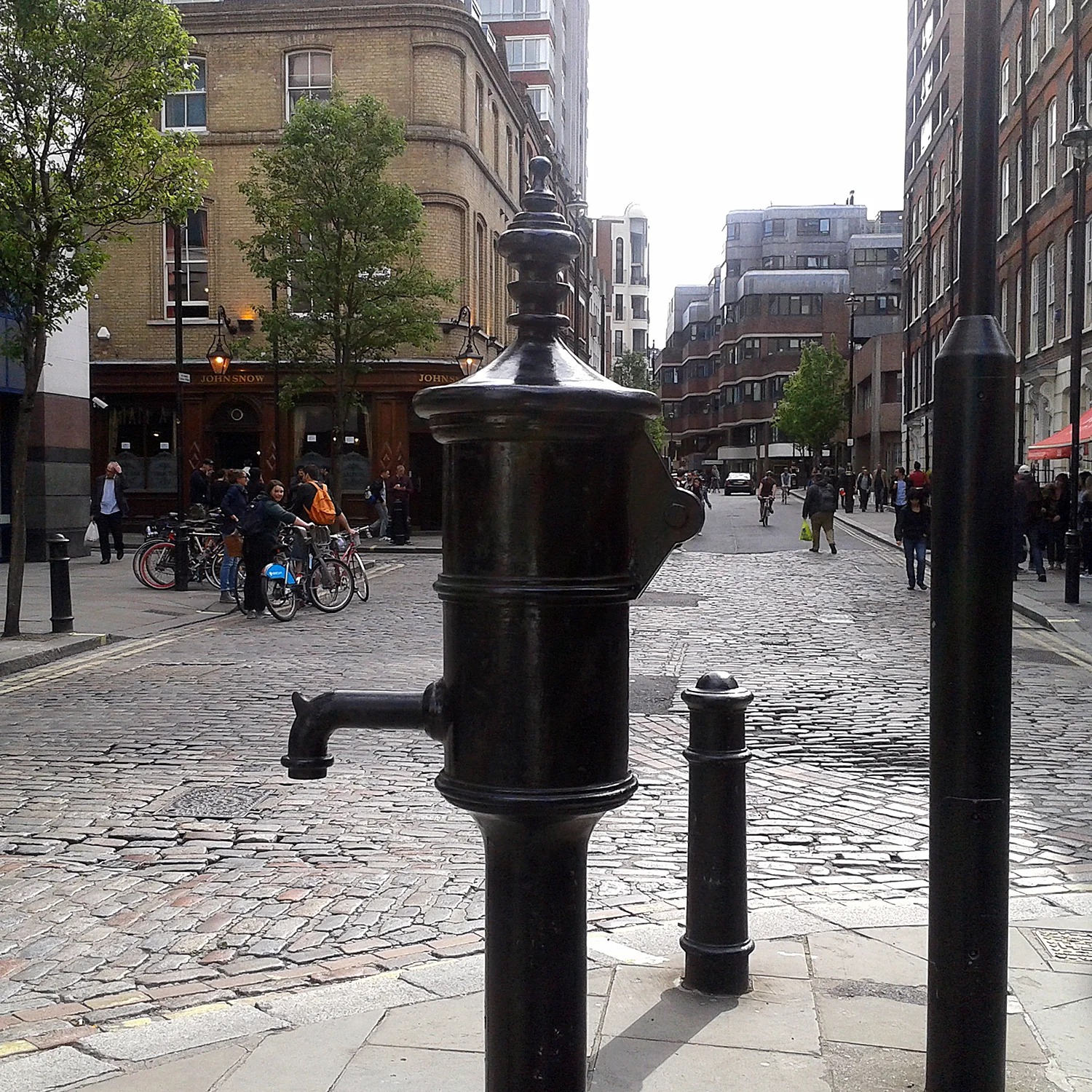 The commemorative pump in Broadwick Street, Soho, with the John Snow pub in the background.