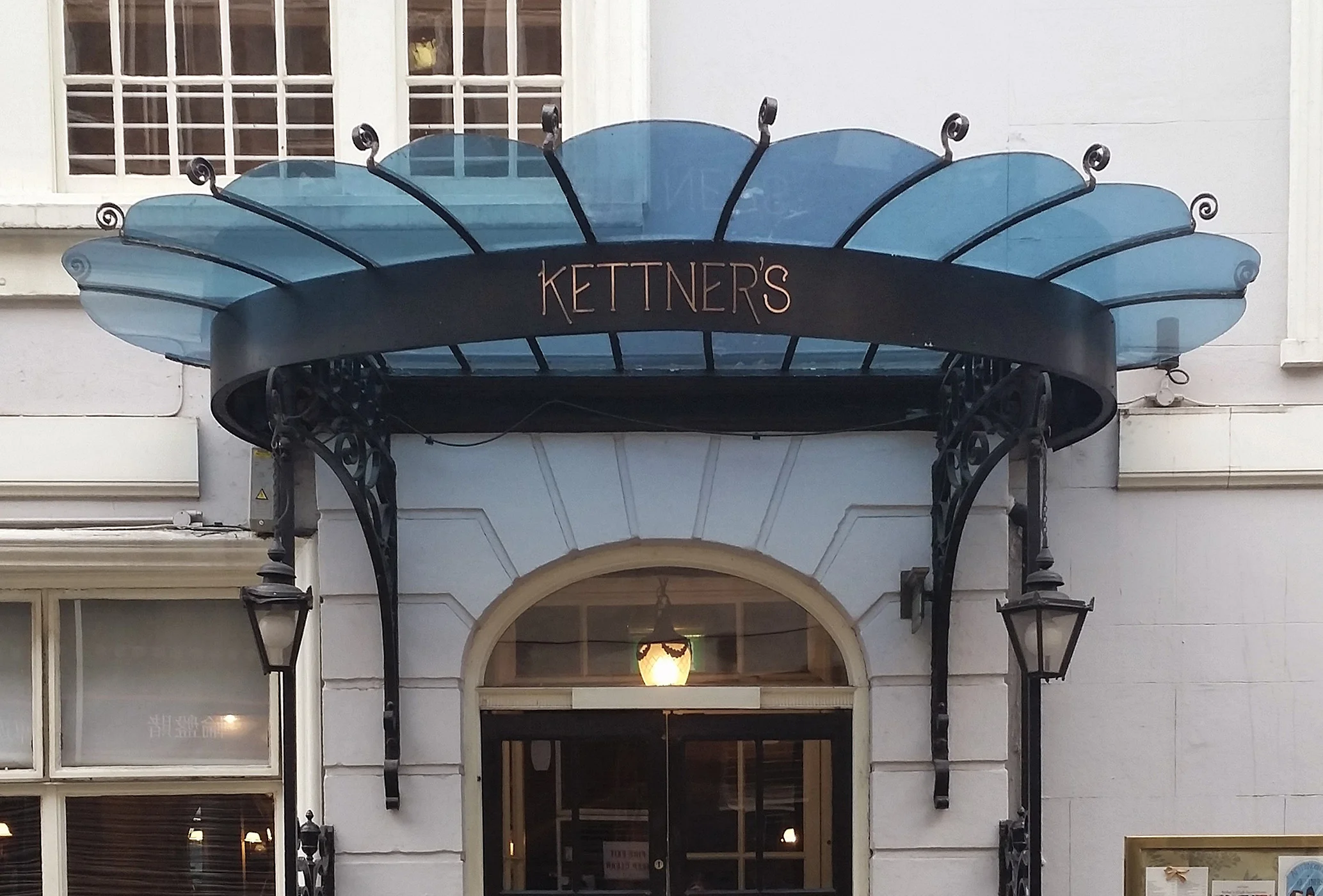 Early twentieth century canopy to Kettner's on Romilly Street in Soho. © Rachael Marshall 2014.
