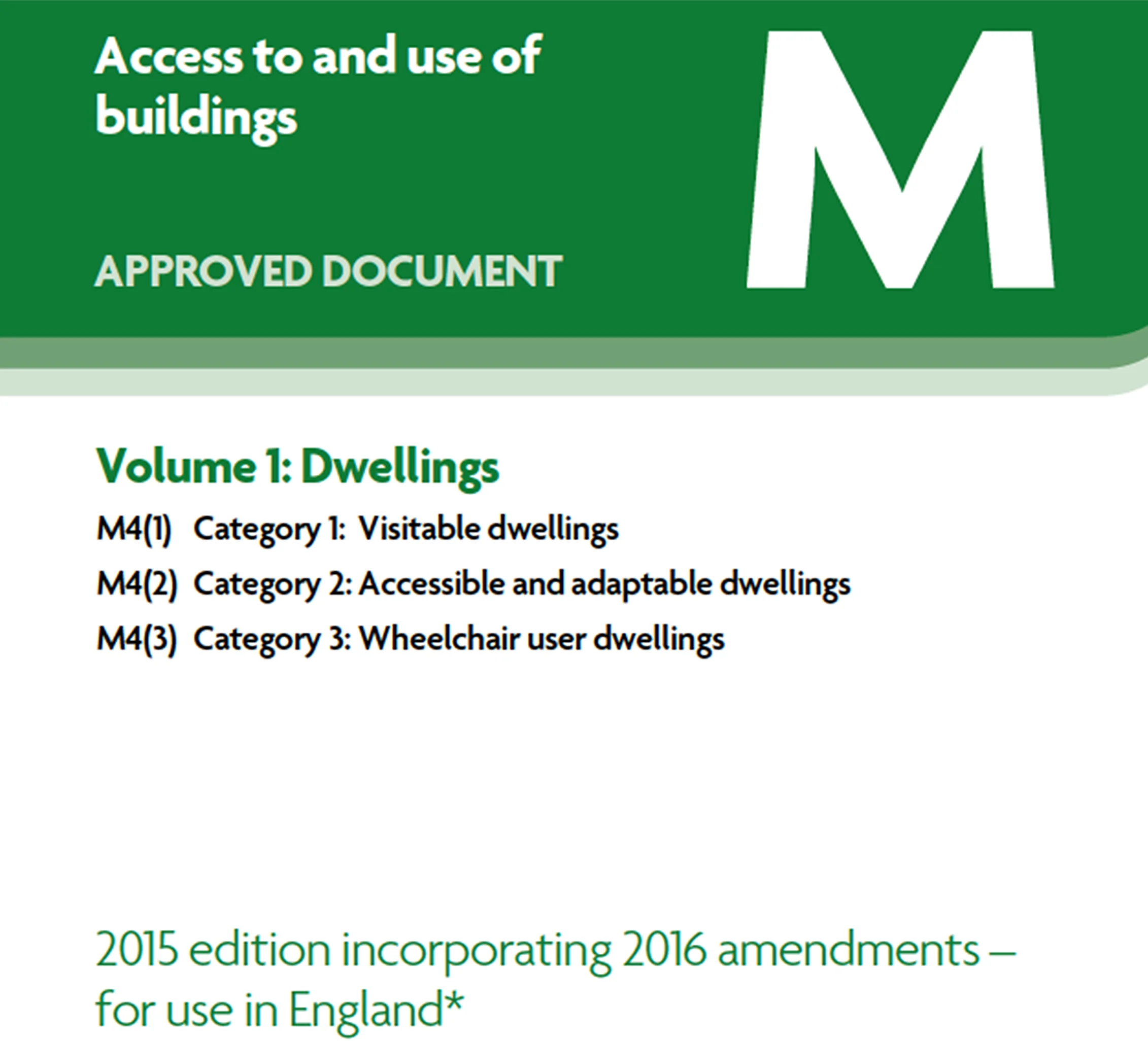 Part of cover of amendments to Approved Document M, Volume 1.