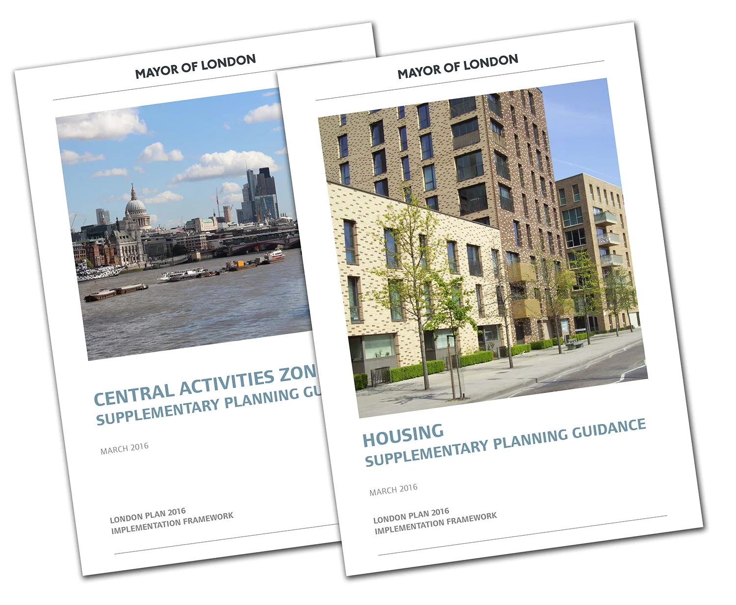 Covers of Central Activities Zone and Housing supplementary planning guidance documents.