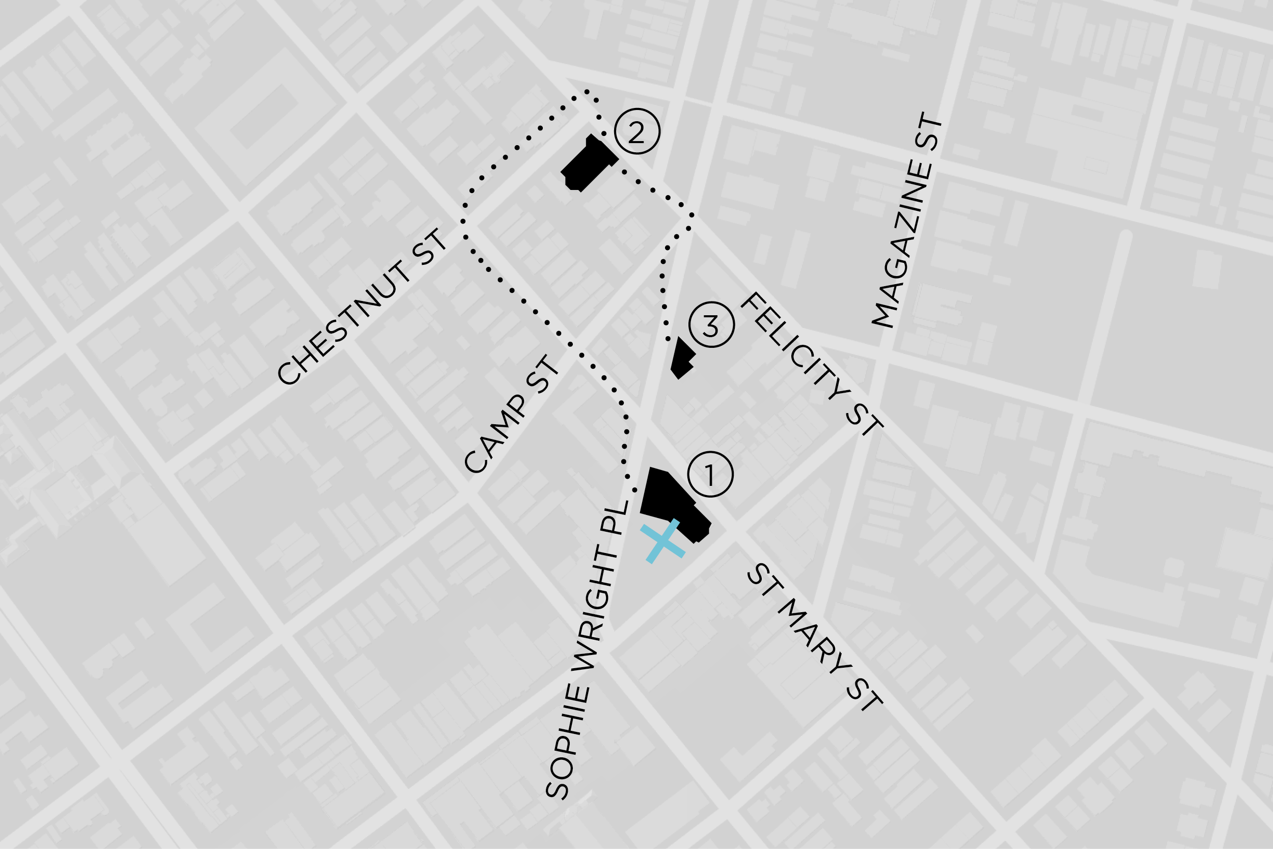 The tour will begin in the square behind Il Mercato, in the triangle lot at the intersection of Sophie Wright Place and Magazine Street.
