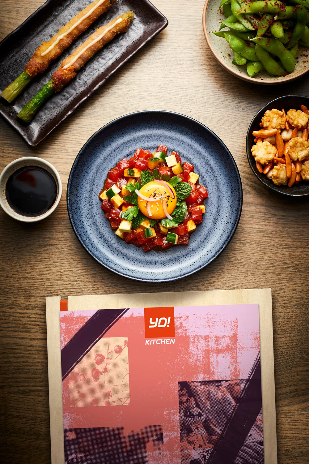 YO! Kitchen main menu wooden presentation board