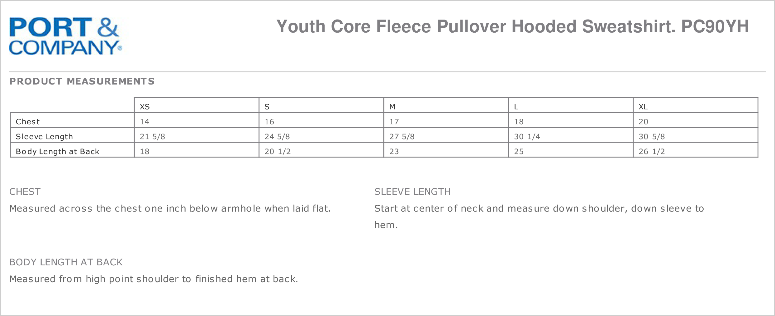 Youth Size Chart Hoodies