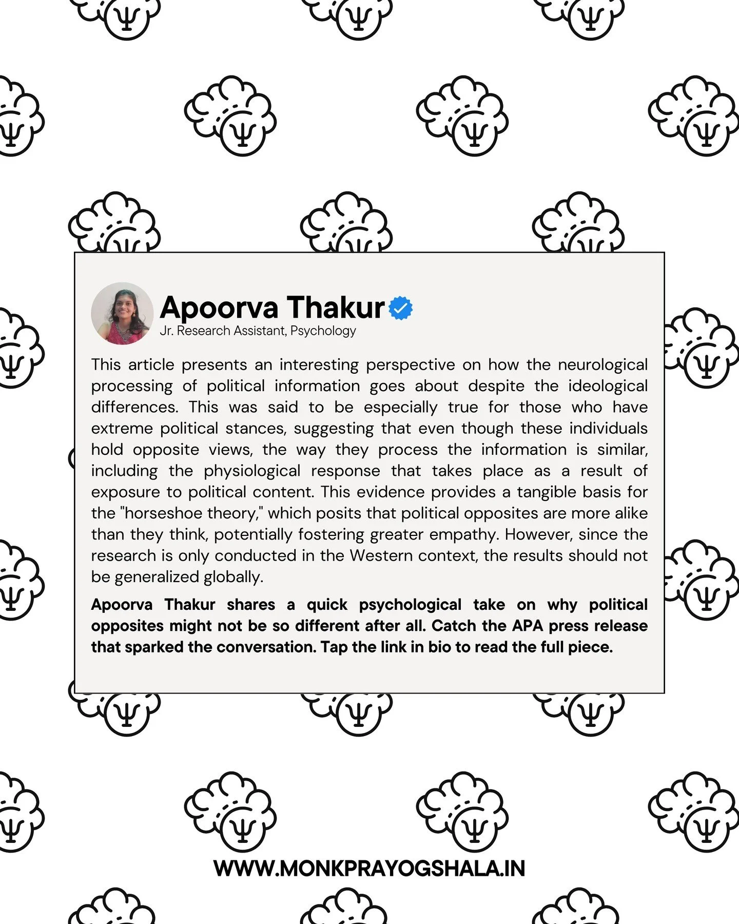 🧠 Are political opposites really so different?

Apoorva Thakur shares her take on 'Political Polar Opposites May Be More Alike Than We Think' &mdash; an APA press release that explores how people on extreme ends of the political spectrum show surpri