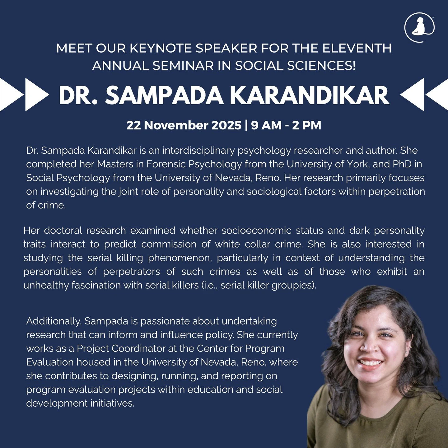Introducing our keynote speaker for the Eleventh Annual Seminar in Social Sciences &ndash; Dr. Sampada Karandikar! 🎙️ 
A leading researcher in psychology, crime, and policy, she&rsquo;s set to bring powerful insights that you won&rsquo;t want to mis