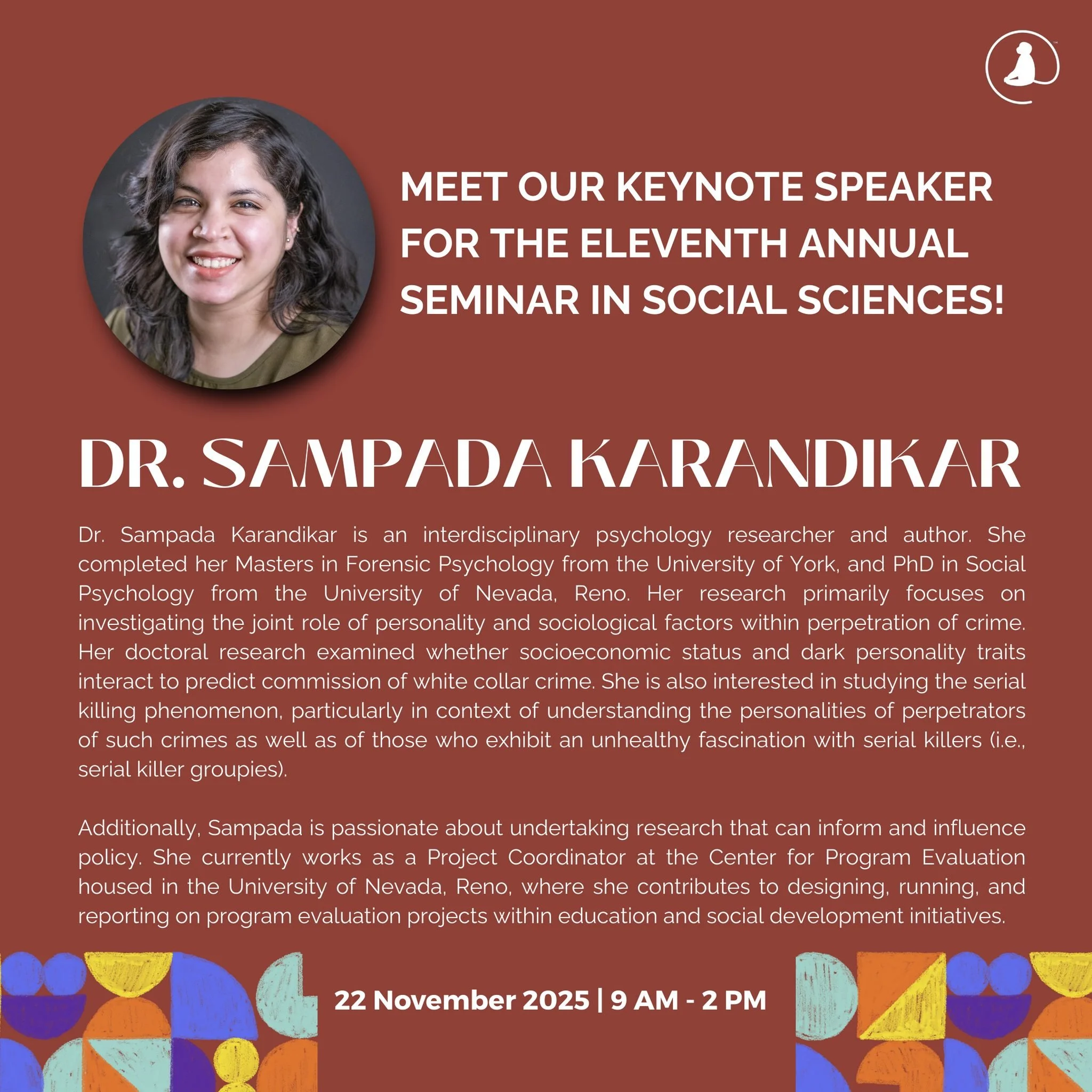 Introducing our keynote speaker for the Eleventh Annual Seminar in Social Sciences &ndash; Dr. Sampada Karandikar! 🎙️ 
A leading researcher in psychology, crime, and policy, she&rsquo;s set to bring powerful insights that you won&rsquo;t want to mis