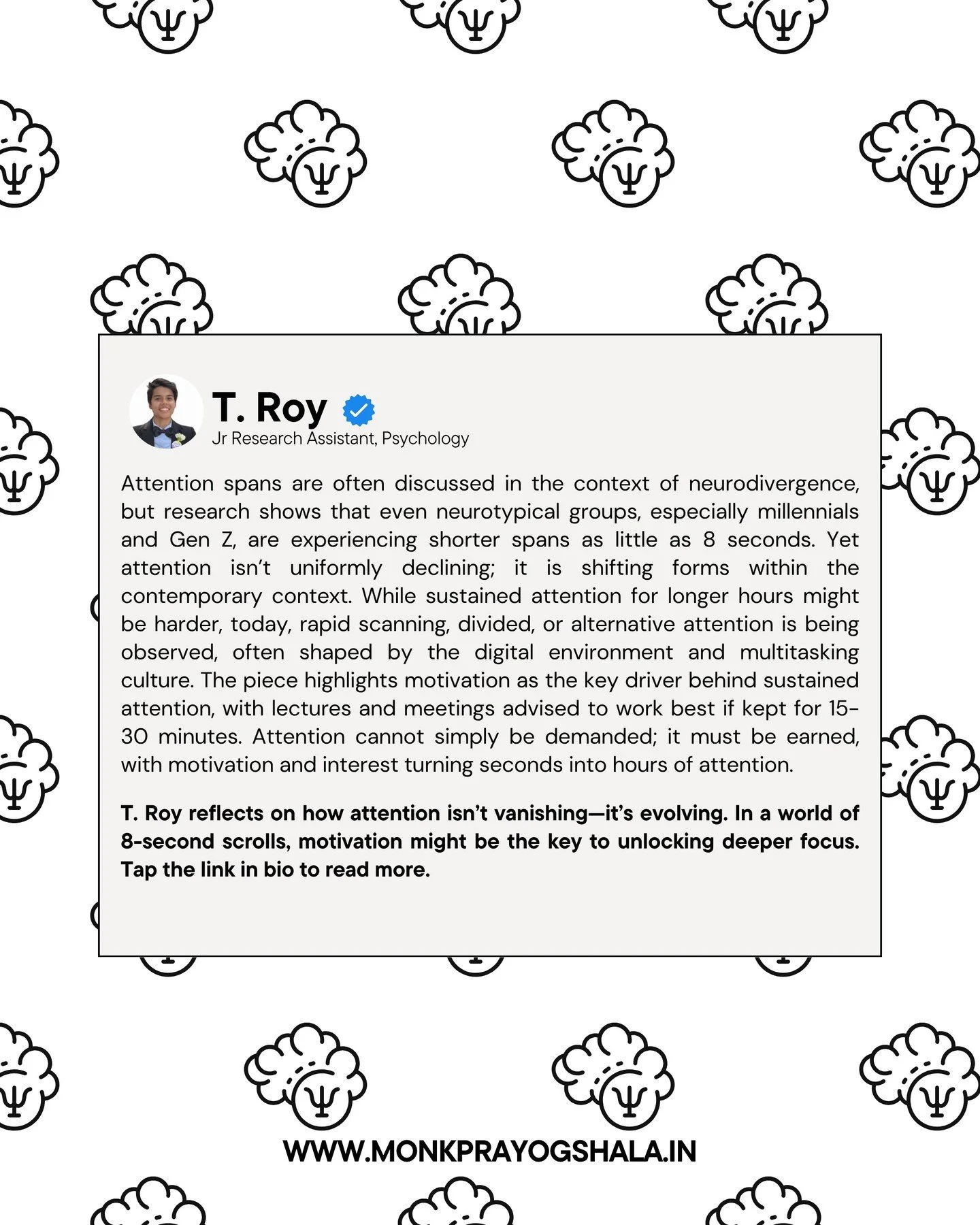 🧠 Is attention really disappearing&mdash;or just evolving?

T. Roy shares their take on &lsquo;Eight seconds and dropping? How to make the most of short attention spans&rsquo;, highlighting motivation as the key driver behind sustained attention.

?