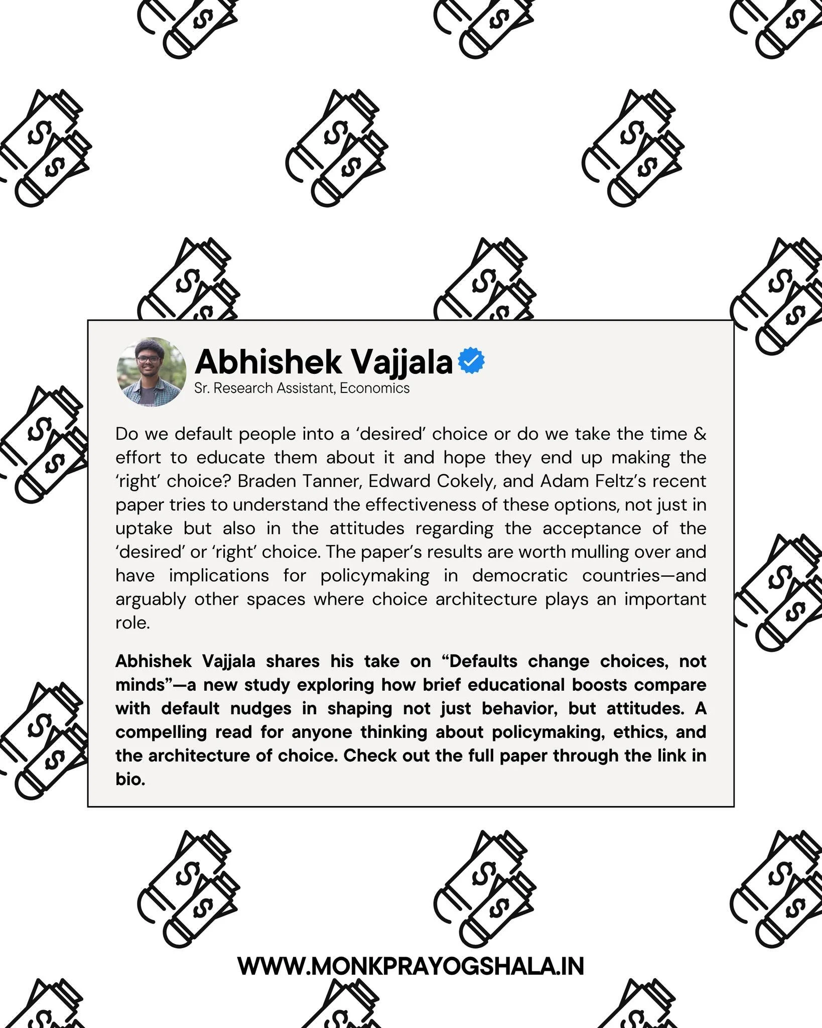 🧠 Should we nudge people into good decisions&mdash;or help them understand why?
Abhishek Vajjala shares his take on &lsquo;Defaults change choices, not minds&rsquo; &mdash; a recent paper that compares the power of default nudges with brief educatio