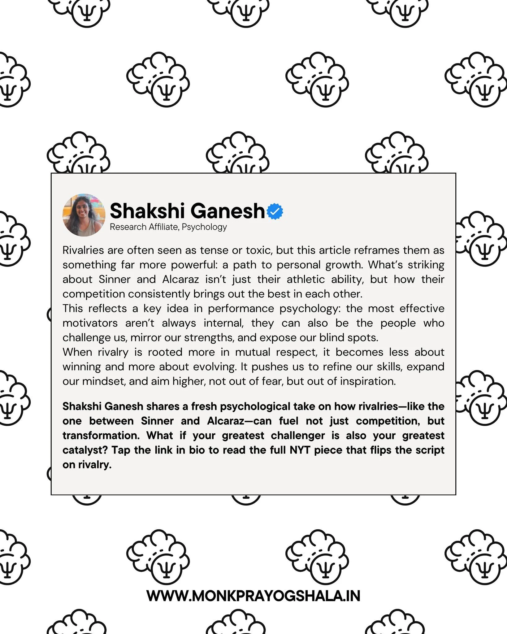 🧠 Can rivalry fuel transformation, not tension?
Shakshi Ganesh shares her take on ‘Sinner and Alcaraz’s Rivalry Is Redefining Greatness’ — a New York Times piece that highlights how mutual respect in competition can drive gro