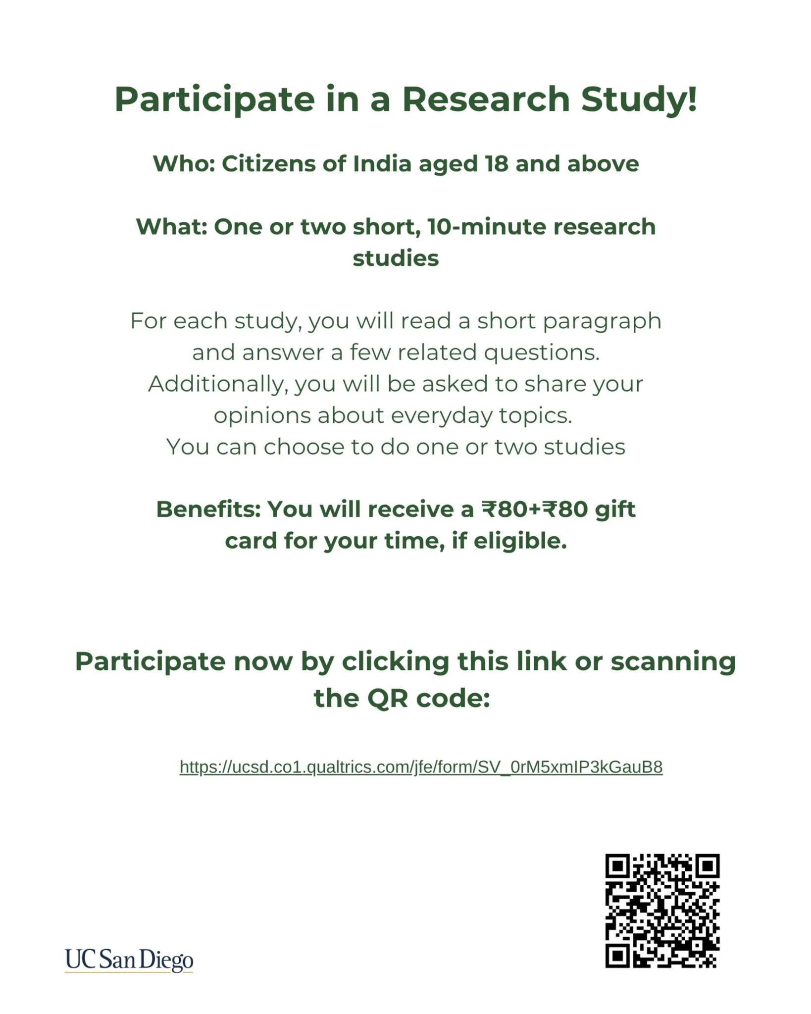 📣 #CallForParticipants
Are you a citizen or resident of India aged 18 or above? 📍
Take part in a short online research study by UC San Diego and earn up to ₹160 in gift cards (if eligible) for about 10 minutes of your time! 🕒🎁
You'll be asked to
